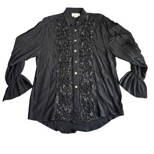 Amorose Black Rose Ruffle Button Down Blouse Long Sleeve Top Small S